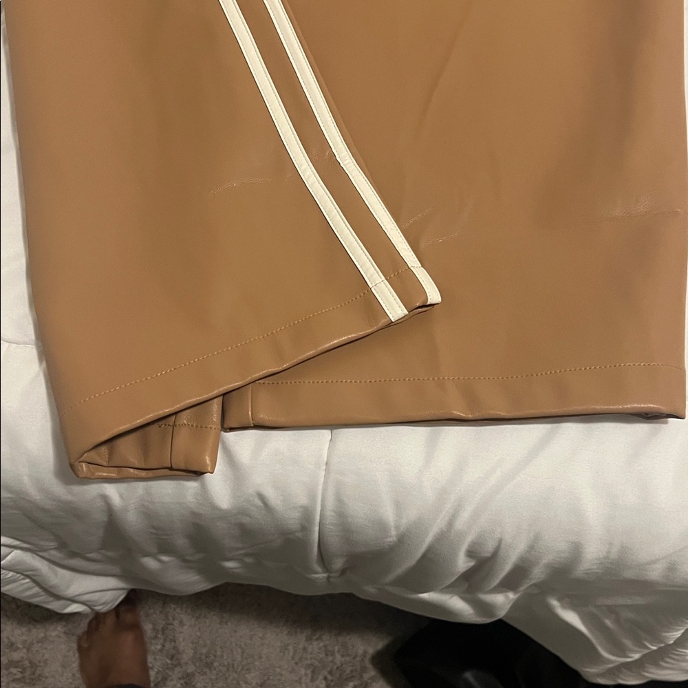 Faux Leather Track Pants with Contrast Stripes - Camel - Picture 2 of 4